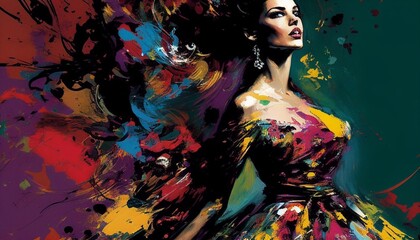 A model in an elegant gown, surrounded by vibrant abstract splatters like Pollock's "No. 5."