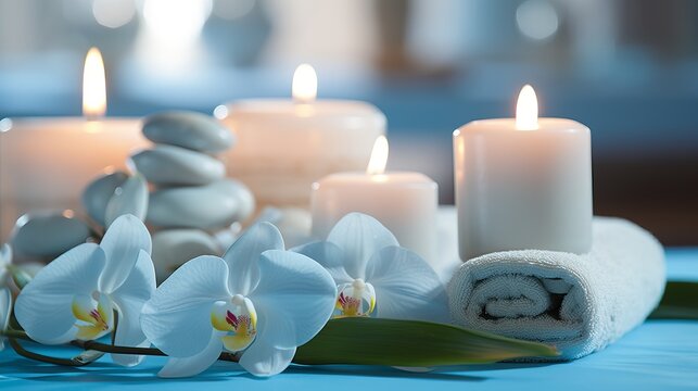 Tranquil Spa Retreat with Luxurious Soft Light Blue Towels for Relaxation and Indulgence