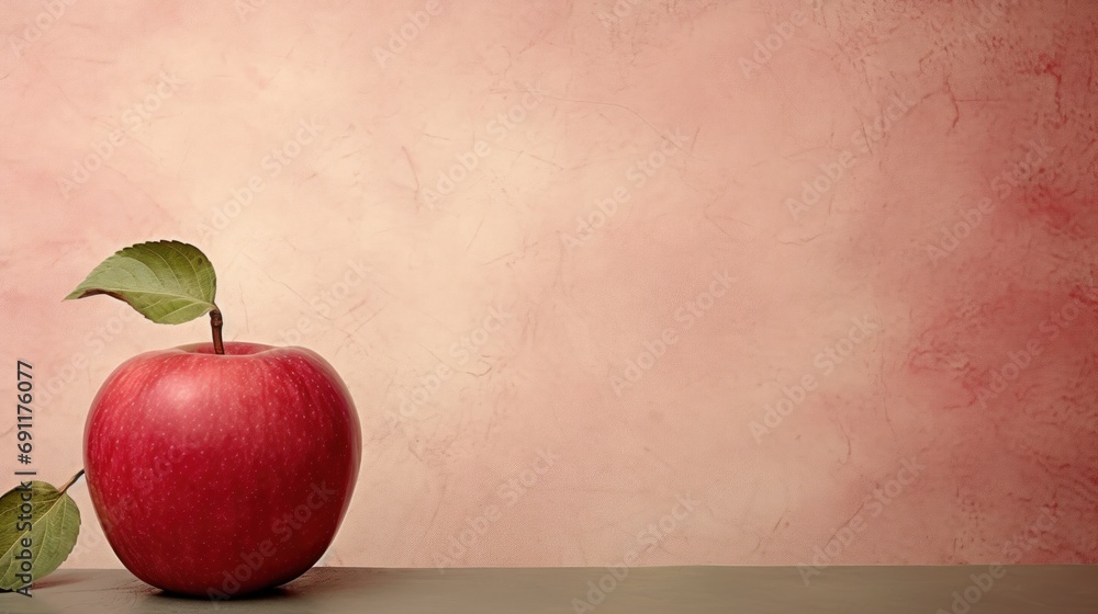 Aufkleber a red apple sitting on top of a table with a leaf on top of it and a pink wall behind it and a pink 
