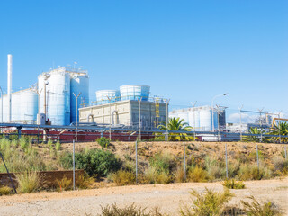 Modern chemical plant for petrochemical products in Tarragona Spain. Production structures. Ecology, environmental pollution by processed products