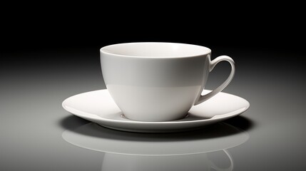 Obraz premium a white coffee cup sitting on top of a saucer on top of a saucer on top of a white plate on top of a black counter top of a table.