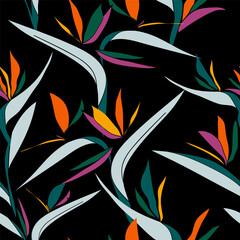 Tropical bird of paradise plants colorful pattern on black background. Vector seamless pattern design for textile, fashion, paper, packaging and branding. 
