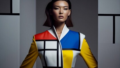 A model wearing a structured outfit inspired by Mondrian's iconic geometric compositions.