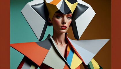 A model wearing an avant-garde ensemble, with exaggerated shapes and angles reminiscent of Picasso's cubist portraits.