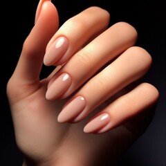 female hand with neutral manicure, close up on a black background isolated