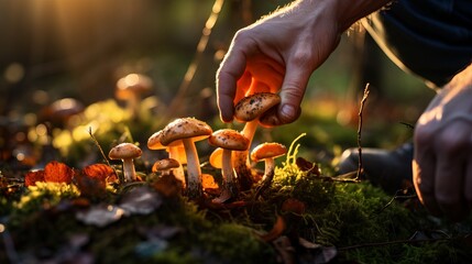 A man's hands are seen picking up mushrooms in the forest during autumn and there is space for text in the background of autumn trees.
