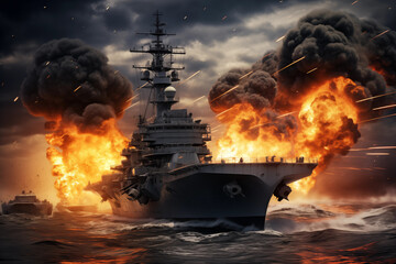 Amphibious assault ship exploded, it was hit and it's on fire and the deck is on fire
fire burning  - obrazy, fototapety, plakaty