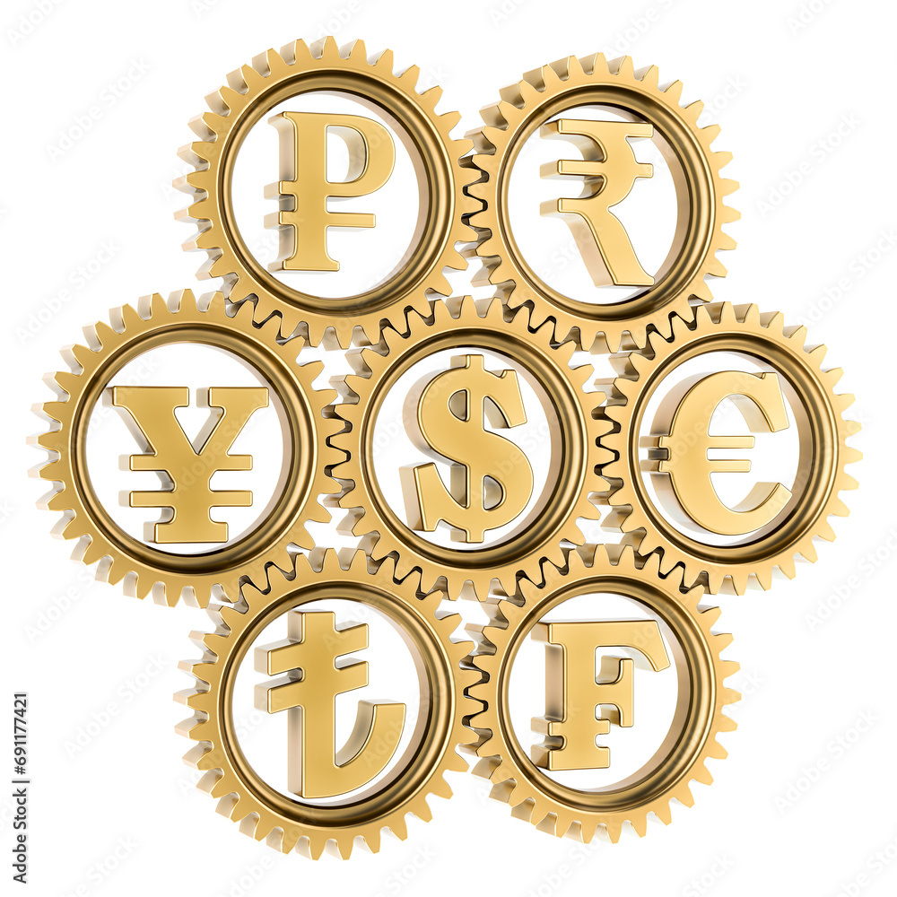 Poster currency gears, 3d rendering isolated on transparent background