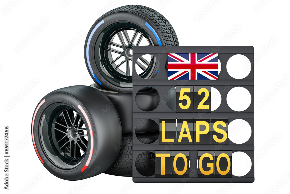 Poster british racing, pit board with flag of the united kingdom and racing wheels with different compounds