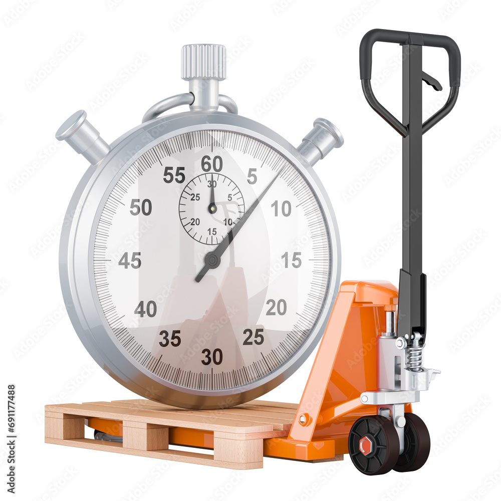 Poster hydraulic pallet jack with stopwatch. fast delivery and shipping concept, 3d rendering isolated on t