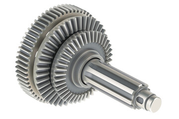 Cogwheel mechanism. External bevel conical gear model, 3D rendering isolated on transparent background