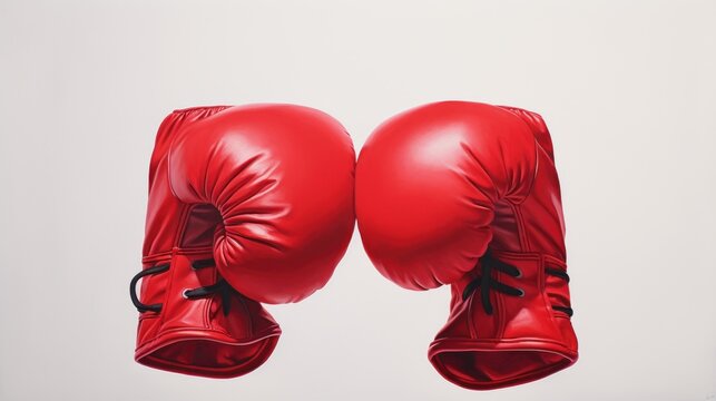  a pair of red boxing gloves hanging from a hook on a white background with copy space in the middle of the image to the left of the pair of red boxing gloves.