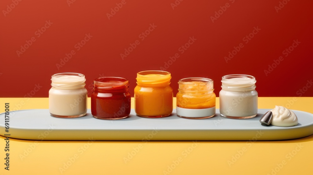 Aufkleber a row of jars filled with different types of condiments on top of a white tray on a yellow surface w