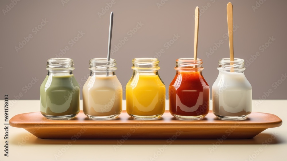 Poster a row of glass bottles filled with different colored liquids on top of a wooden tray with two straws