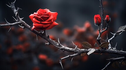 A thick, dry branch with thorns is the site of a red flower. - obrazy, fototapety, plakaty