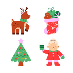 Hand drawn flat vector christmas collection. Images of tree, deer, sock,  claus