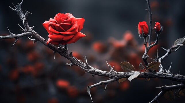 A thick, dry branch with thorns is the site of a red flower.
