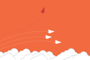 Think differently concept. Red airplane changing direction. 	