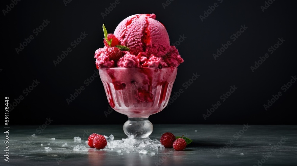 Poster a scoop of ice cream with raspberries in a glass bowl on a table with ice cubes on the table and on 