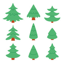 Hand drawn flat vector fir tree collection. Set of stylized Christmas trees illustrations