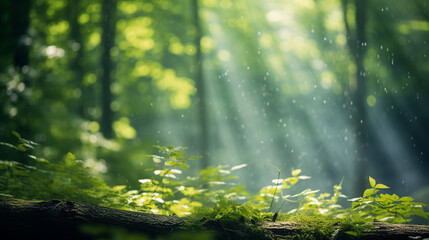 Fototapeta na wymiar Dreamy and serene image of defocused green trees in forest with sunbeams filtering through foliage creating peaceful natural backdrop, AI Generated