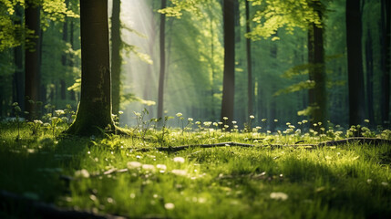 Dreamy and serene image of defocused green trees in forest with sunbeams filtering through foliage...