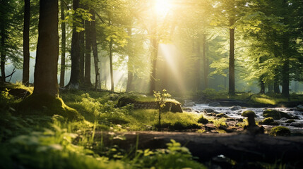 Dreamy and serene image of defocused green trees in forest with sunbeams filtering through foliage creating peaceful natural backdrop, AI Generated