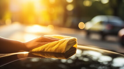 Unidentified individual meticulously cleaning a car with a washcloth on a sunny and warm summer day - obrazy, fototapety, plakaty