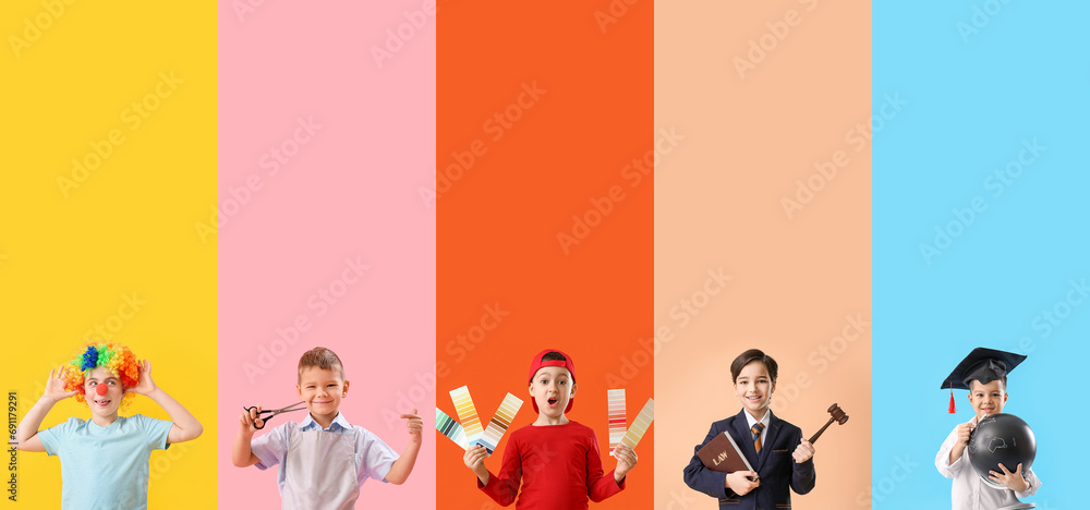 Poster group of children in uniforms of different professions on color background