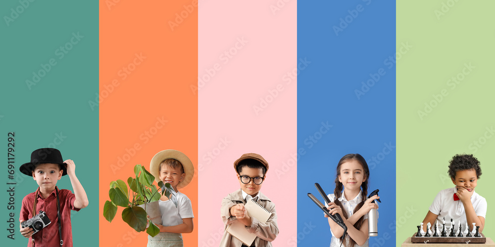 Poster set of children in uniforms of different professions on color background