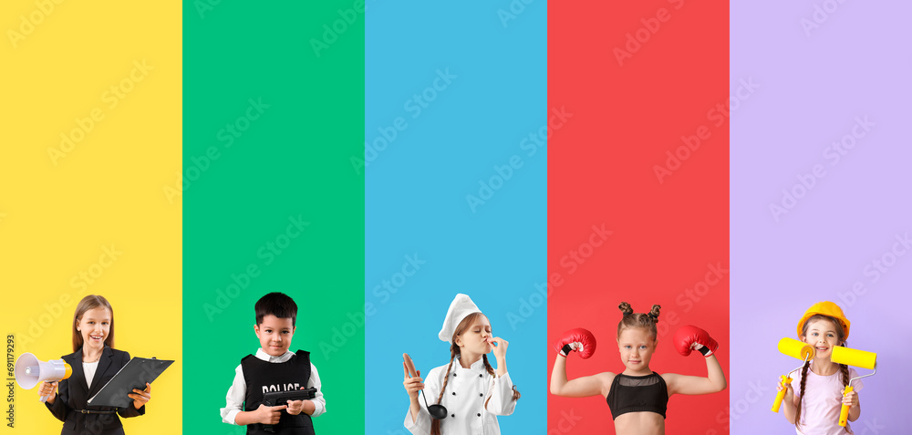 Poster group of children in uniforms of different professions on color background