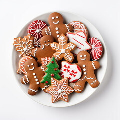 top view of an isolated white plate filled with Christmas candies and gingerbread man cookies