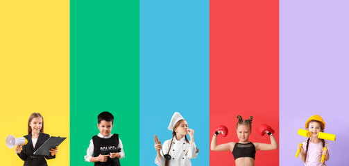 Group of children in uniforms of different professions on color background