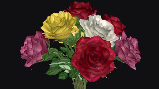Bouquet of Colorful Rose Flowers - Spinning Loop - MS - Alpha Channel - Artistic realistic 3D animation isolated on transparent background
