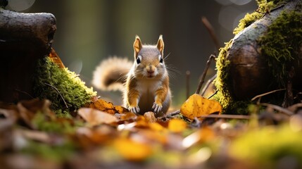 A shot from above of a squirrel on the ground of the forest - Powered by Adobe
