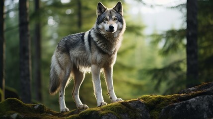 A tamaskan dog is positioned on a rock in a forest