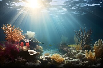 Underwater coral reef in the sunlight from the sky. The concept of ecology. 