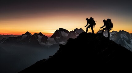 Obraz premium Silhouetted hikers with backpacks traverse a mountain ridge at sunrise, with a vibrant sky in the background.