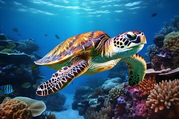 Green sea turtle swimming among colorful coral reef in beautiful clear water