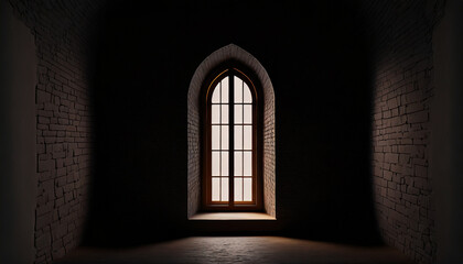 dark interior with light entering a narrow arched window - obrazy, fototapety, plakaty