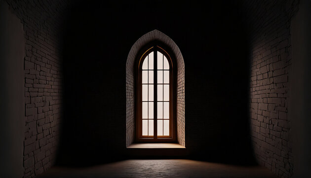 dark interior with light entering a narrow arched window