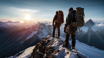 Two climbers on a mountain peak above clouds at sunrise, with panoramic view of majestic peaks.