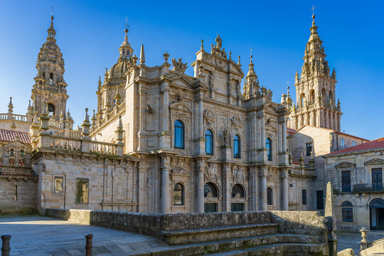View of the monumental cathedral of the city of Santiago de Compostela in Galicia.