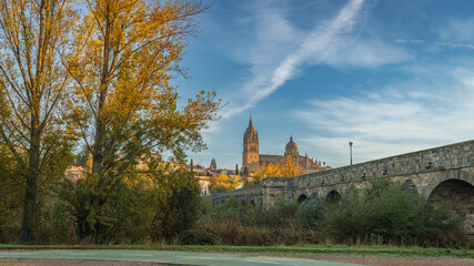 Salamanca Cathedral and Roman bridge on the banks of the Tormes River.