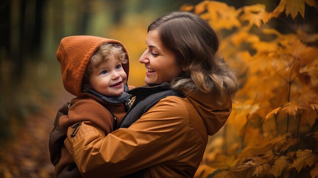 A woman and her child are standing on a wall overlooking an incredible autumn forest.