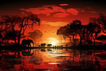 A herd of elephants by the river against the backdrop of dawn