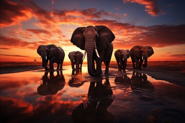 Fototapeta na wymiar A majestic herd of elephants moving along the river