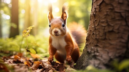 Fototapeta premium In the middle of the forest, there is a vertical image of a cute squirrel hanging out.