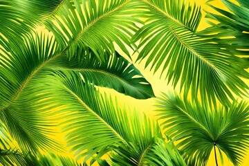 Tropical Leaves: Vibrant green palm leaves arranged against a bright yellow background, bringing in a tropical and lively atmosphere.