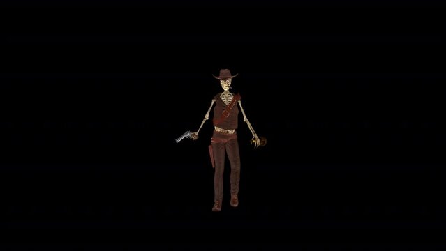 Funny Skeleton Outlaw Dance - I - Realistic 3D animation with alpha channel isolated on transparent background for funny and spooky Halloween, horror and grunge compositions